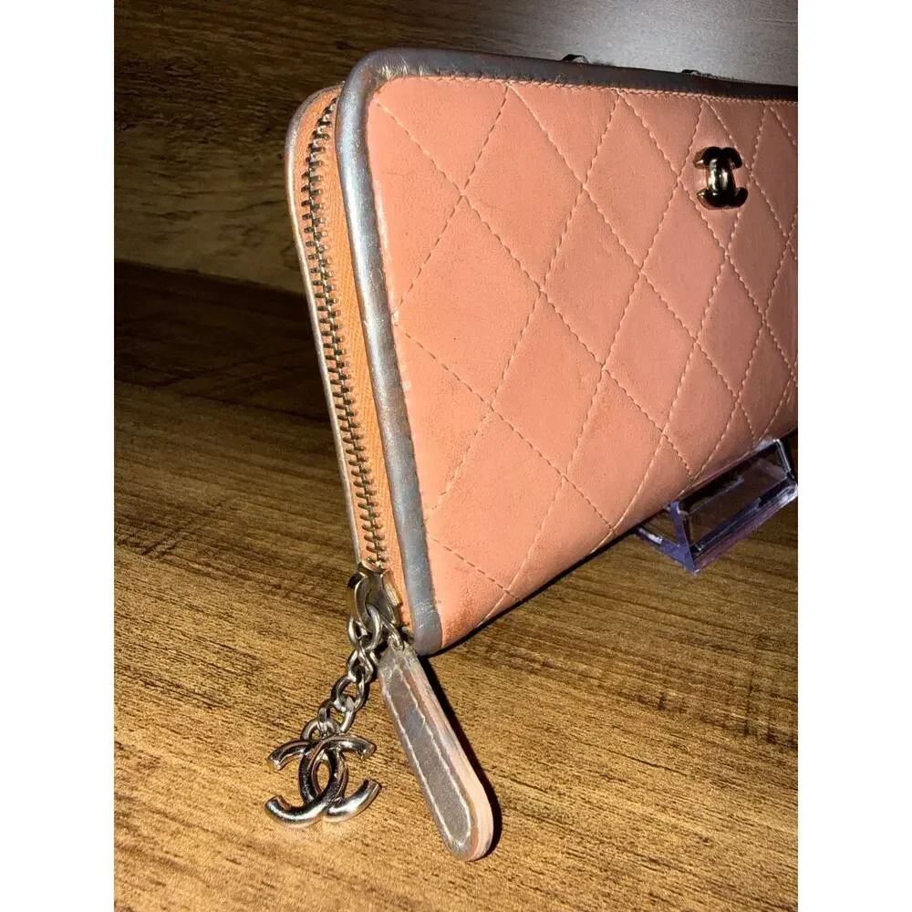 Chanel Quilted Zip Around Wallet – Pink Leather with Silver Hardware & Trim